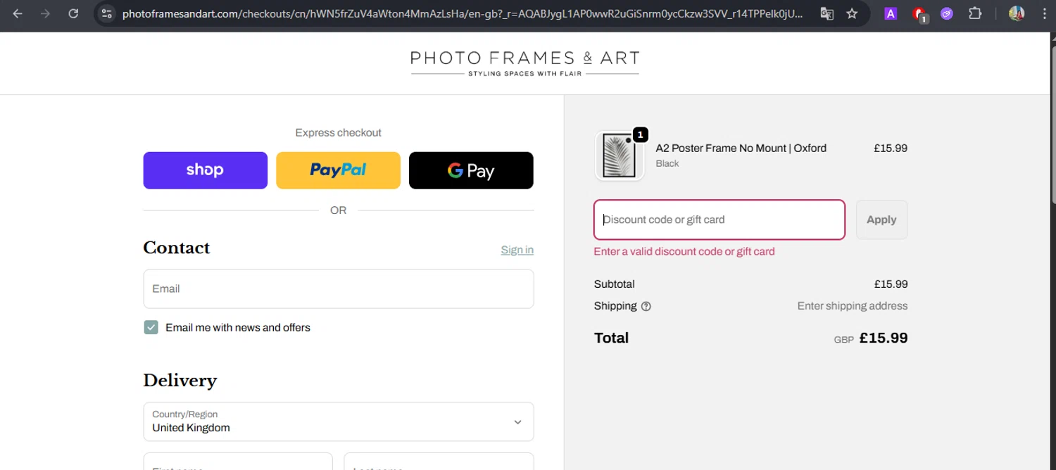 Photo Frames & Art promo code screenshot showing code DELIVERY10 applied at Photo Frames & Art checkout page. Uploaded by SimplyCodes community member BrilliantFox7966 on Nov 24, 2025