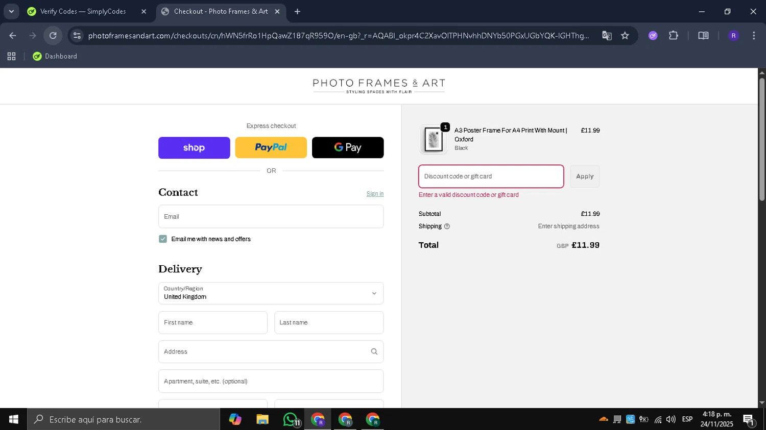 Photo Frames & Art promo code screenshot showing code DELIVERY10 applied at Photo Frames & Art checkout page. Uploaded by SimplyCodes community member Mykeusername on Nov 24, 2025