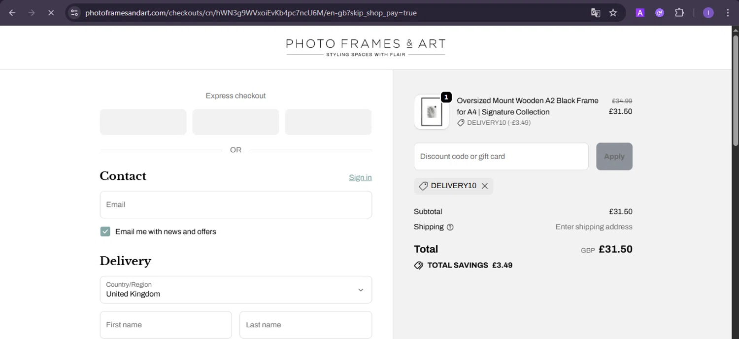 Photo Frames & Art promo code screenshot showing code DELIVERY10 applied at Photo Frames & Art checkout page. Uploaded by SimplyCodes community member joineds on Oct 3, 2025