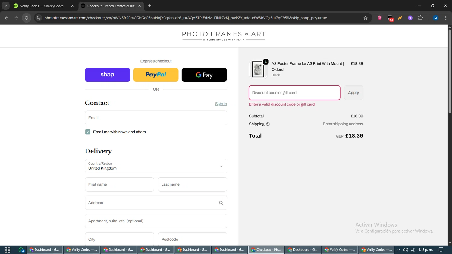Photo Frames & Art promo code screenshot showing code STAYINTOUCH15 applied at Photo Frames & Art checkout page. Uploaded by SimplyCodes community member EpicVoyager2820 on Nov 24, 2025