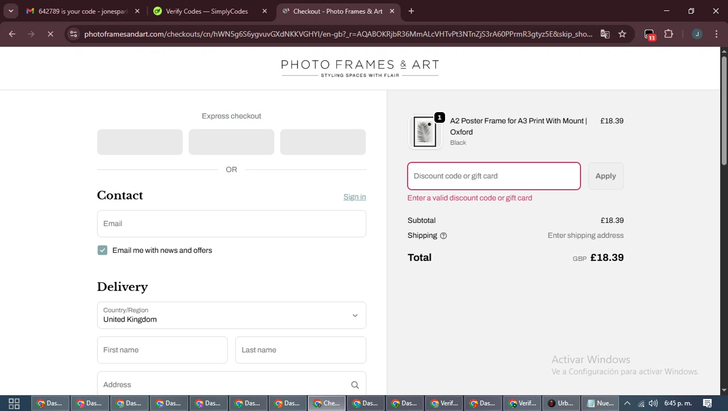 Photo Frames & Art promo code screenshot showing code STAYINTOUCH15 applied at Photo Frames & Art checkout page. Uploaded by SimplyCodes community member ScanLynx8928 on Nov 24, 2025