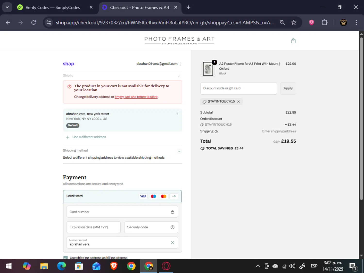 Photo Frames & Art promo code screenshot showing code STAYINTOUCH15 applied at Photo Frames & Art checkout page. Uploaded by SimplyCodes community member abrahanv on Nov 14, 2025