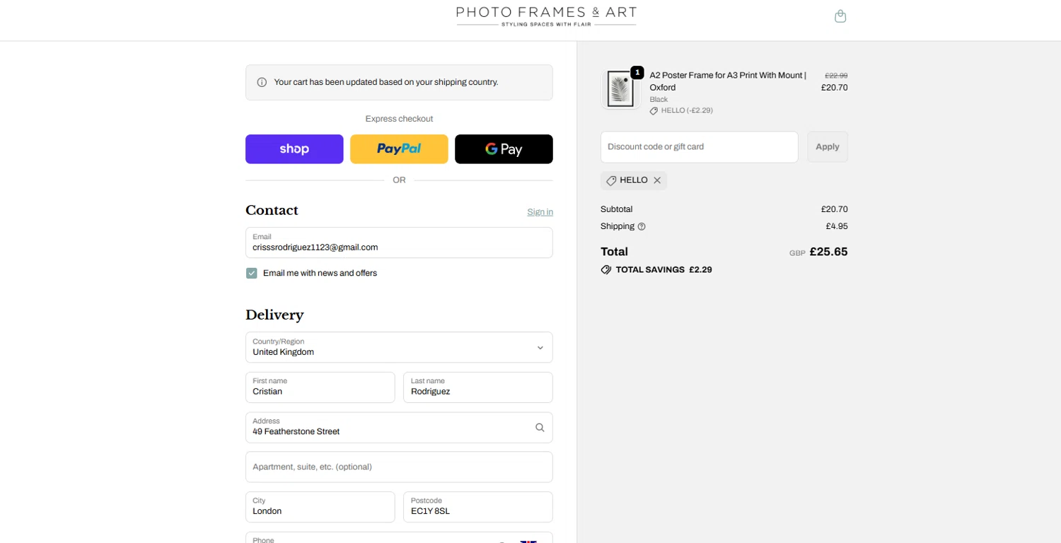 Photo Frames & Art promo code screenshot showing code HELLO applied at Photo Frames & Art checkout page. Uploaded by SimplyCodes community member NiceDeals on Dec 10, 2025