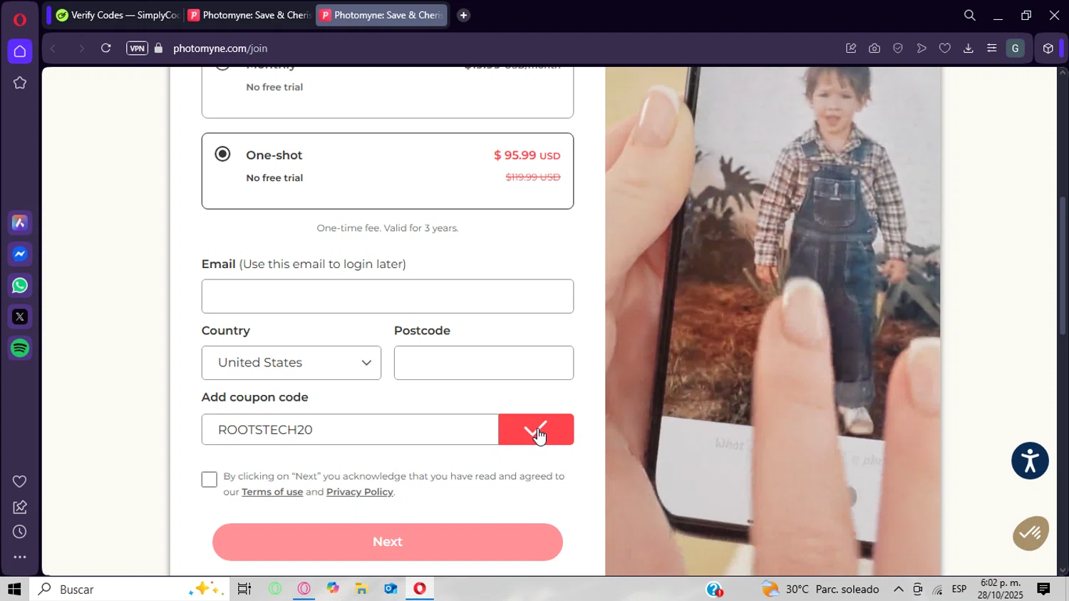 Photomyne coupon code screenshot showing code ROOTSTECH20 applied at Photomyne checkout page. Uploaded by SimplyCodes community member CrownWizard8571 on Oct 28, 2025