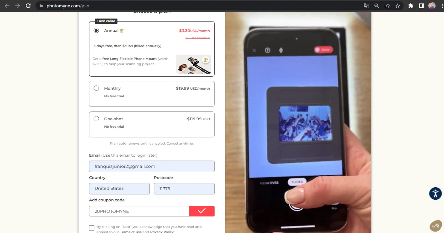 Photomyne coupon code screenshot showing code 20PHOTOMYNE applied at Photomyne checkout page. Uploaded by SimplyCodes community member HUNTER1406 on Oct 28, 2025
