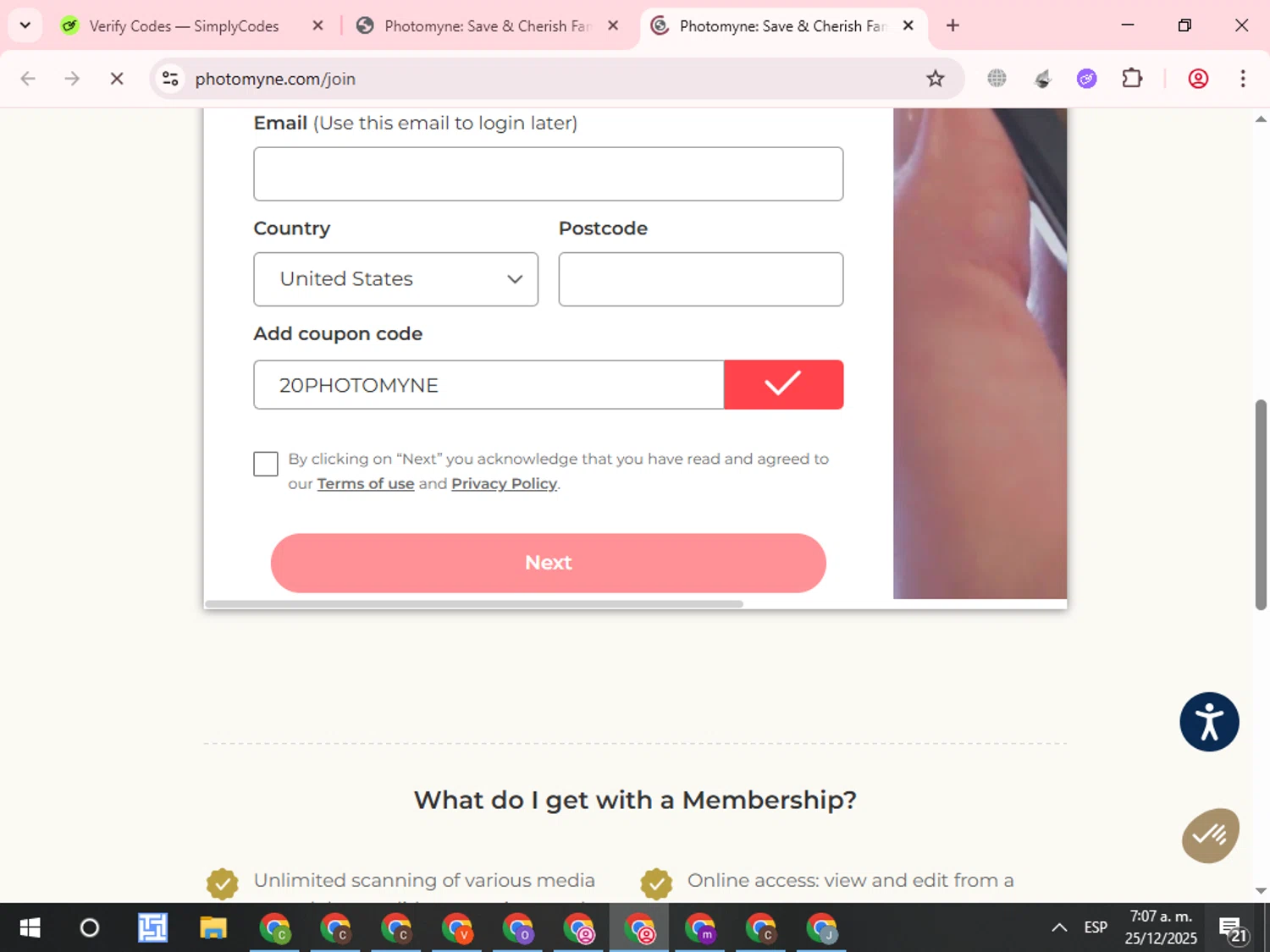 Photomyne coupon code screenshot showing code 20PHOTOMYNE applied at Photomyne checkout page. Uploaded by SimplyCodes community member WonderCurator7831 on Dec 25, 2025