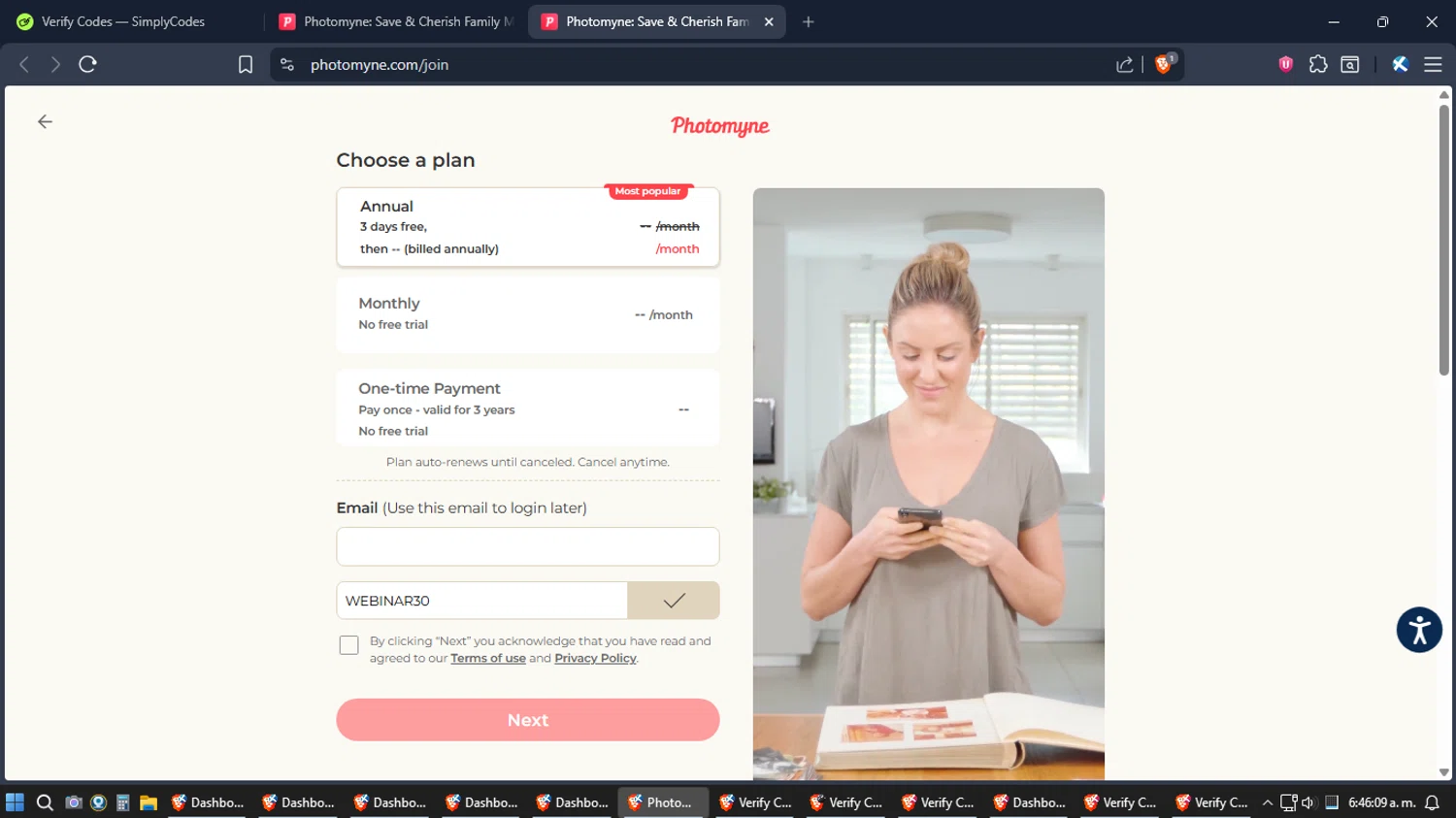 Photomyne checkout page showing Photomyne coupon code box | Screenshot taken by SimplyCodes community member on Jan 13, 2026