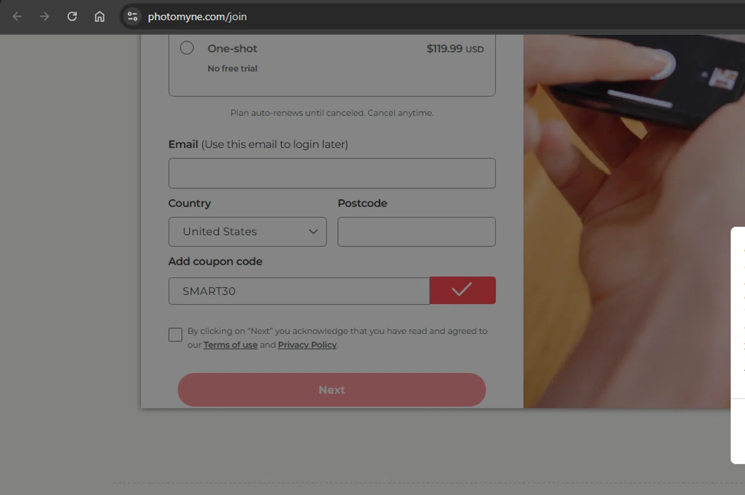 Photomyne promo code screenshot showing code SMART30 applied at Photomyne checkout page. Uploaded by SimplyCodes community member xaswqe on Dec 28, 2025