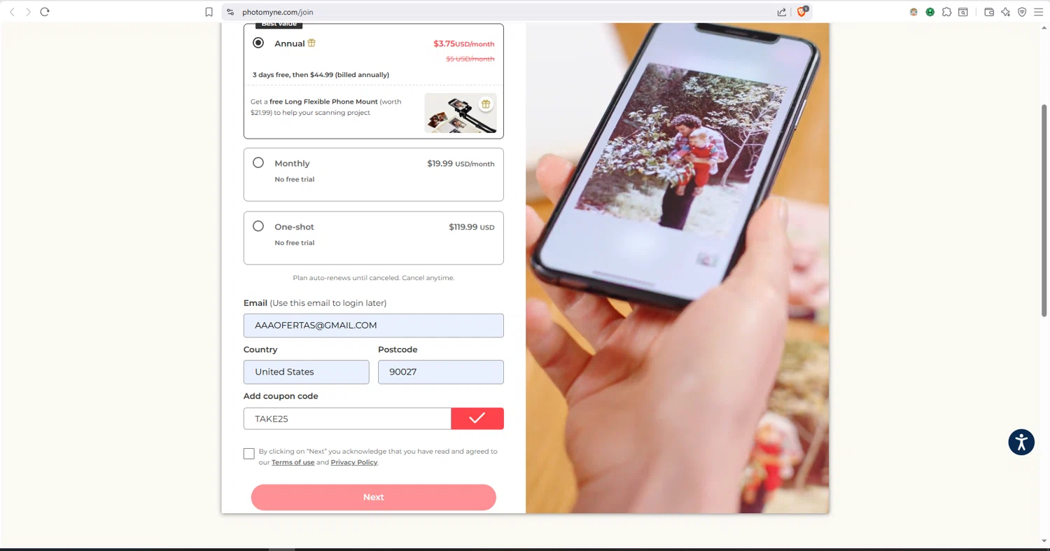 Photomyne checkout page showing Photomyne coupon code box | Screenshot taken by SimplyCodes community member on Jan 2, 2026