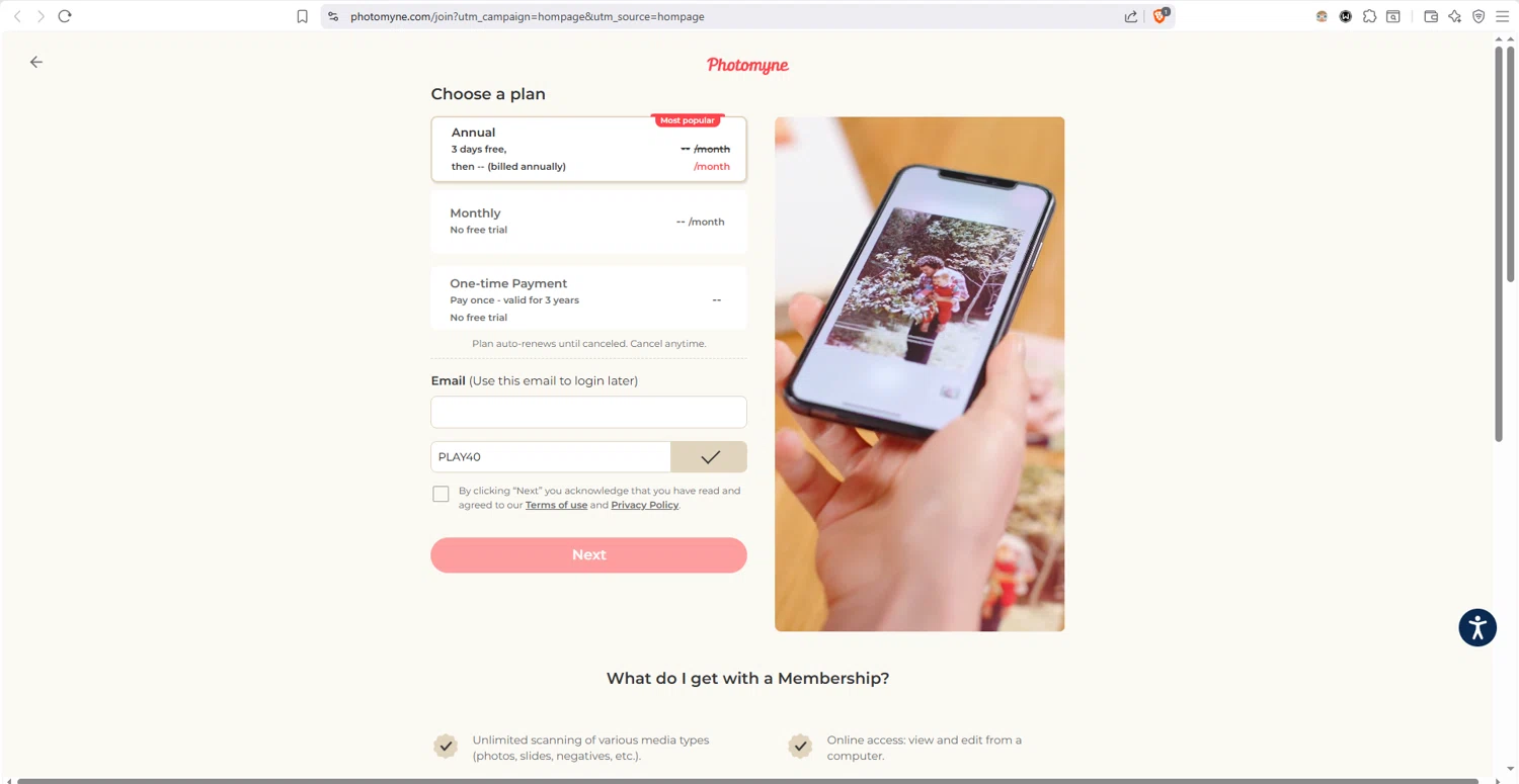Photomyne checkout page showing Photomyne coupon code box | Screenshot taken by SimplyCodes community member on Jan 30, 2026