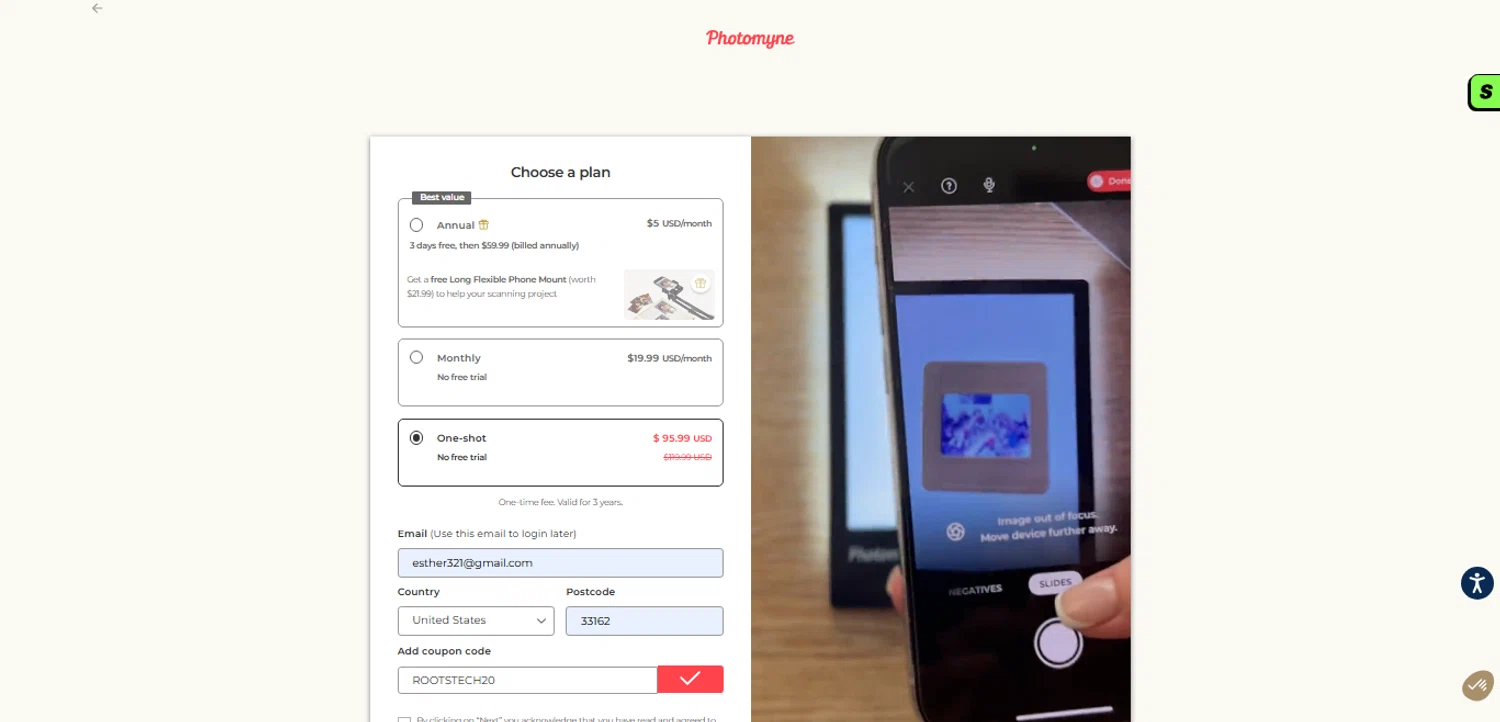 Photomyne coupon code screenshot showing code ROOTSTECH20 applied at Photomyne checkout page. Uploaded by SimplyCodes community member ESTHER3121 on Oct 28, 2025
