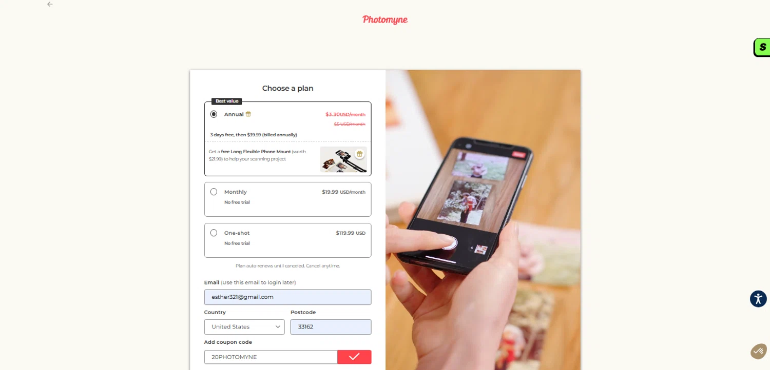 Photomyne coupon code screenshot showing code 20PHOTOMYNE applied at Photomyne checkout page. Uploaded by SimplyCodes community member ESTHER3121 on Oct 28, 2025