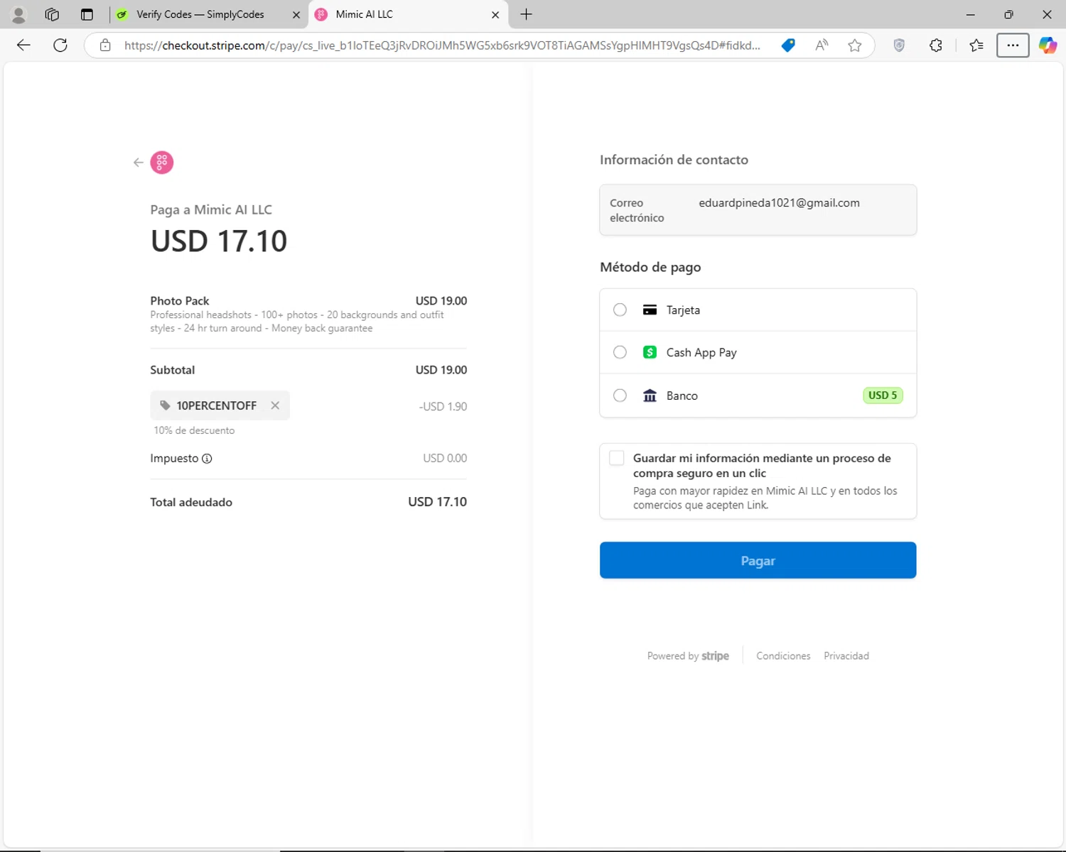 PhotoPacks.AI promo code screenshot showing code 10PERCENTOFF applied at PhotoPacks.AI checkout page. Uploaded by SimplyCodes community member jhoanDepp on Dec 27, 2024