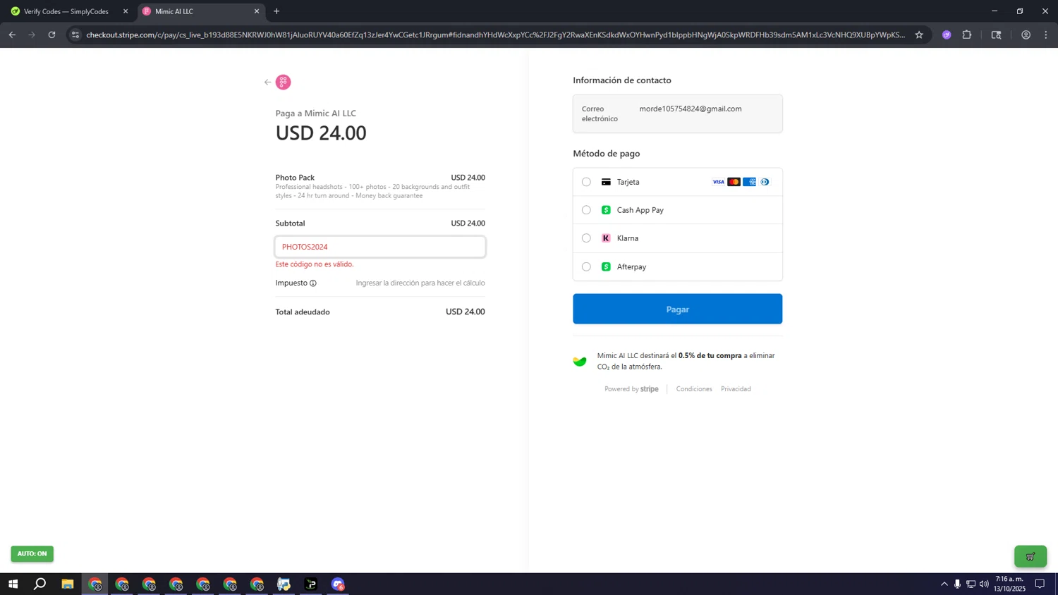 PhotoPacks.AI promo code screenshot showing code PHOTOS2024 applied at PhotoPacks.AI checkout page. Uploaded by SimplyCodes community member aaaaaaaaaaaaaaaaaaaaa on Oct 13, 2025