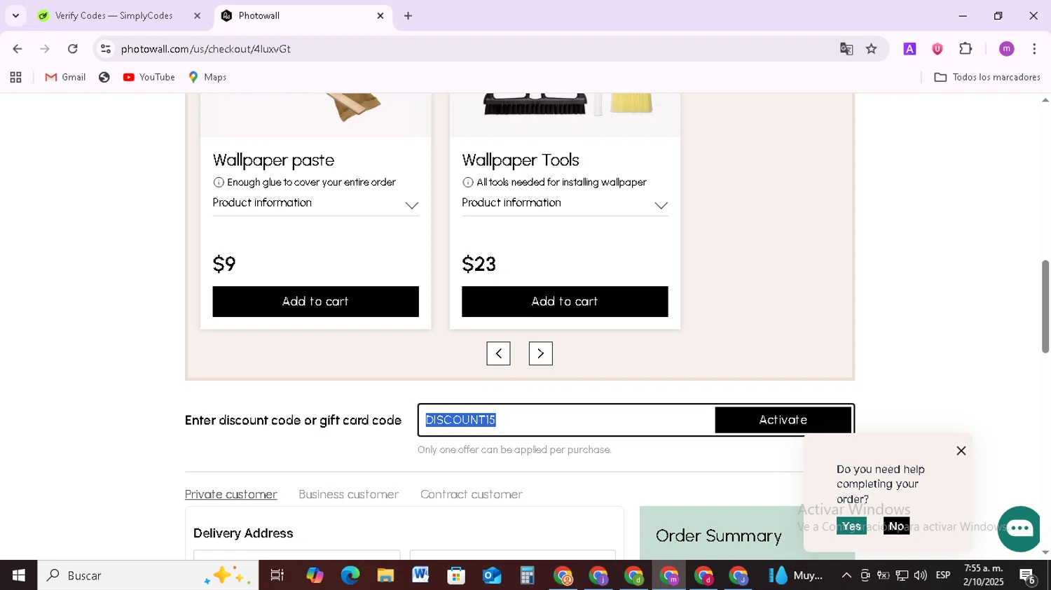 Photowall discount code screenshot showing code DISCOUNT15 applied at Photowall checkout page. Uploaded by SimplyCodes community member BudgetMonarch8952 on Oct 2, 2025
