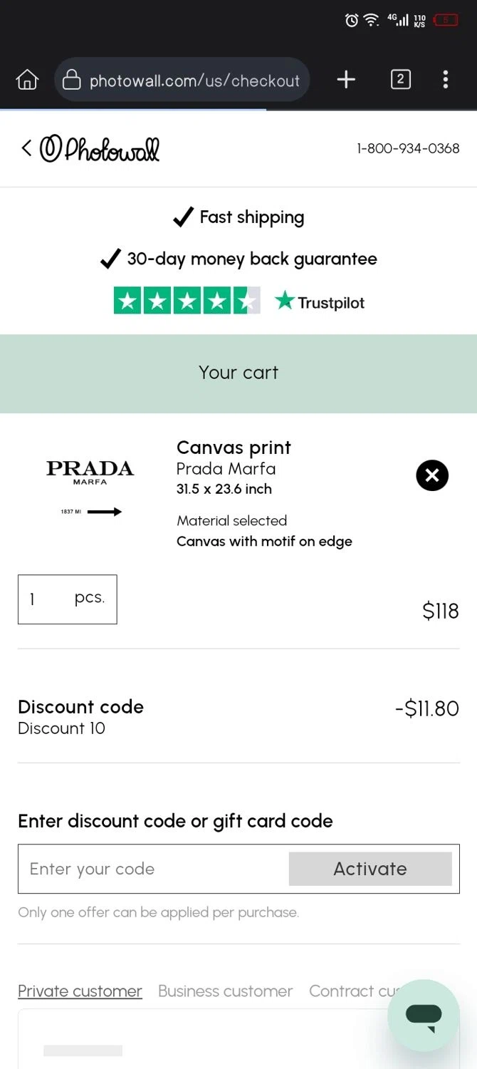 Photowall discount code screenshot showing code DISCOUNT10 applied at Photowall checkout page. Uploaded by SimplyCodes community member Xx_Cogeburras3000_xX on Mar 15, 2025