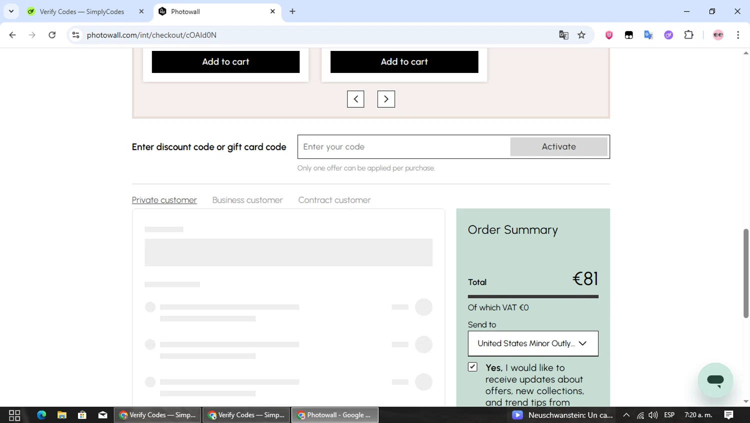 Photowall discount code screenshot showing code Signup10 applied at Photowall checkout page. Uploaded by SimplyCodes community member MagnificentWizard8353 on Dec 7, 2025