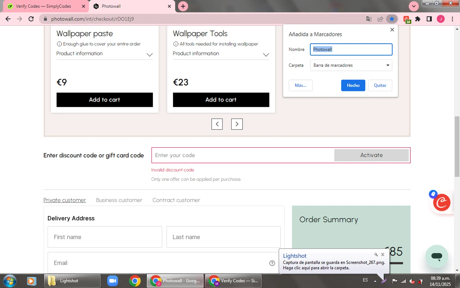 Photowall discount code screenshot showing code BWS891BS applied at Photowall checkout page. Uploaded by SimplyCodes community member RewardTracker8740 on Nov 14, 2025
