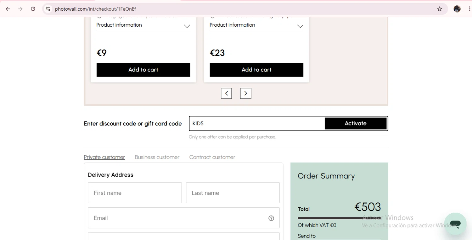 Photowall discount code screenshot showing code KID5 applied at Photowall checkout page. Uploaded by SimplyCodes community member MagnificentAdmiral9096 on Dec 2, 2025