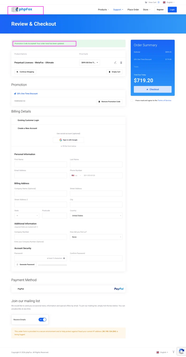 PhpFox promo code screenshot showing code 94WRAKWC4U applied at PhpFox checkout page. Uploaded by SimplyCodes community member mrdarcy on Jun 15, 2026