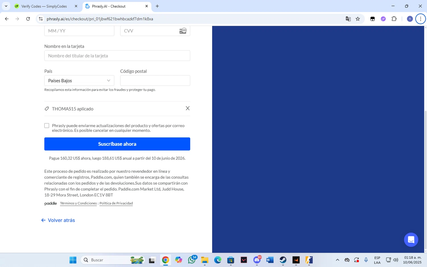 Phrasly.AI promo code screenshot showing code THOMAS15 applied at Phrasly.AI checkout page. Uploaded by SimplyCodes community member Franka on Jun 10, 2025