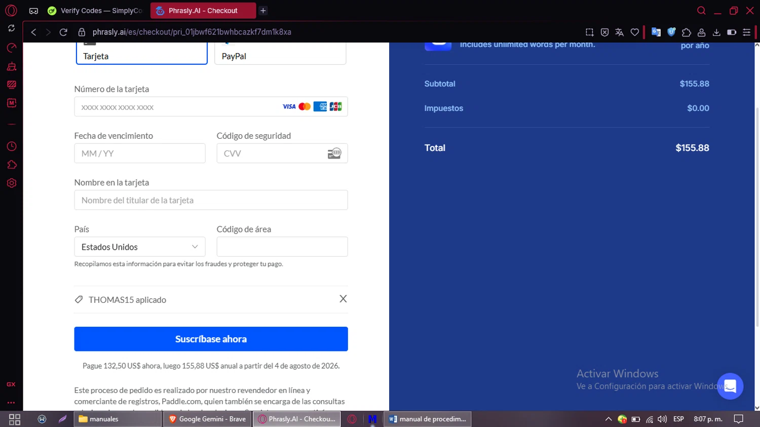 Phrasly.AI promo code screenshot showing code THOMAS15 applied at Phrasly.AI checkout page. Uploaded by SimplyCodes community member RewardLion134 on Aug 5, 2025
