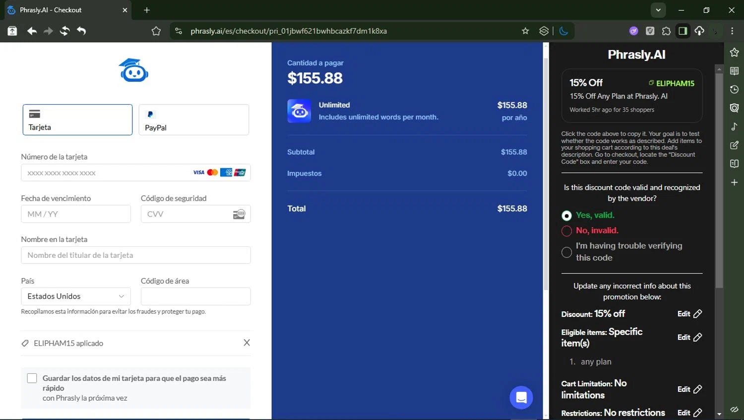 Phrasly.AI promo code screenshot showing code ELIPHAM15 applied at Phrasly.AI checkout page. Uploaded by SimplyCodes community member RewardMonarch1185 on Nov 16, 2025