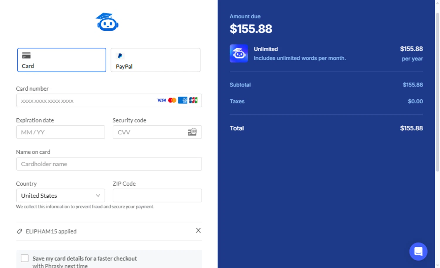 Phrasly.AI checkout page showing Phrasly.AI promo code box | Screenshot taken by SimplyCodes community member on Oct 27, 2025