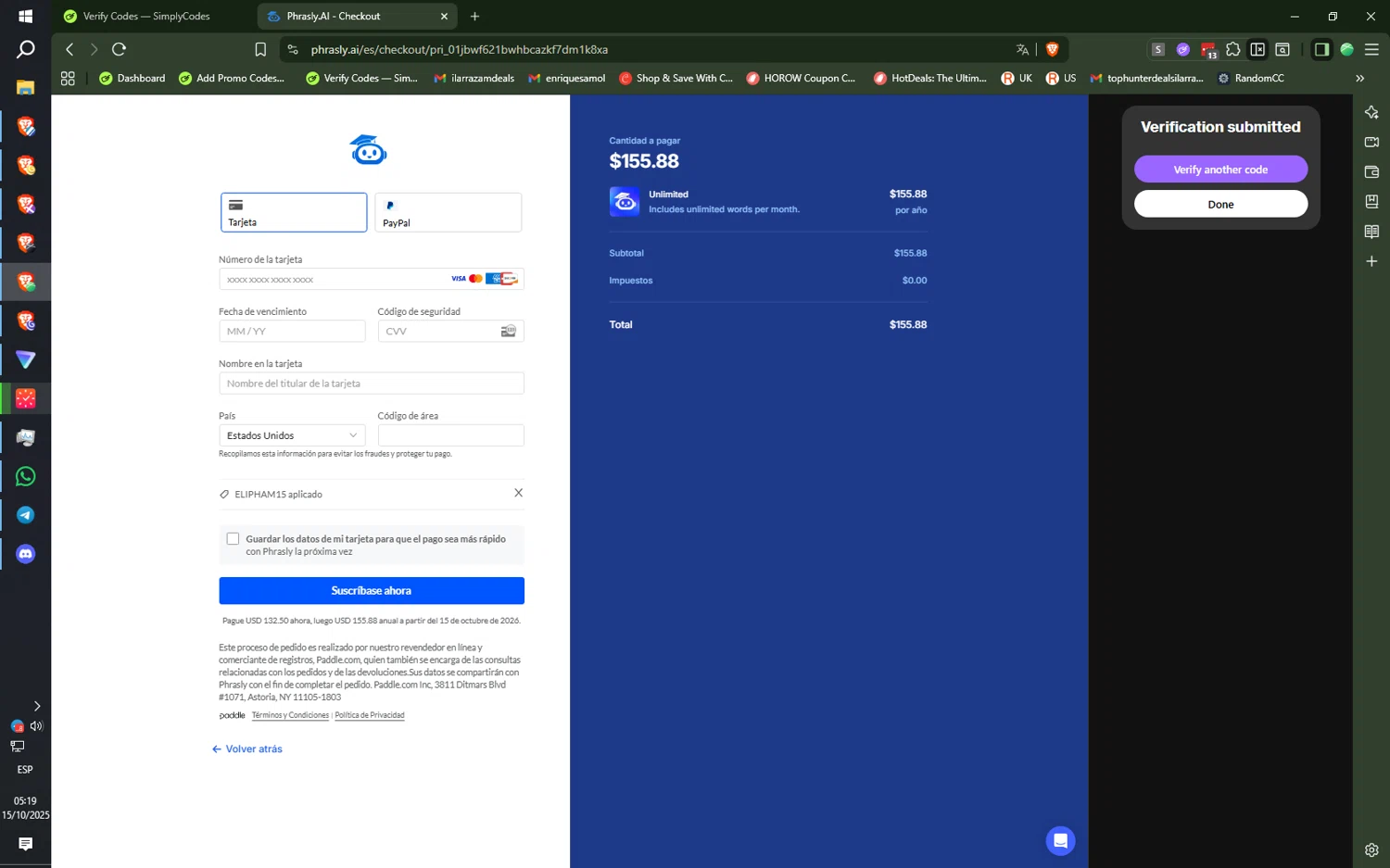 Phrasly.AI checkout page showing Phrasly.AI promo code box | Screenshot taken by SimplyCodes community member on Oct 15, 2025