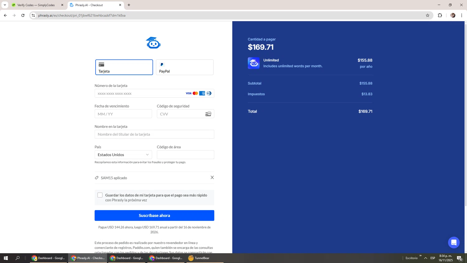 Phrasly.AI promo code screenshot showing code SAM15 applied at Phrasly.AI checkout page. Uploaded by SimplyCodes community member Levi_Ackerman on Nov 17, 2025