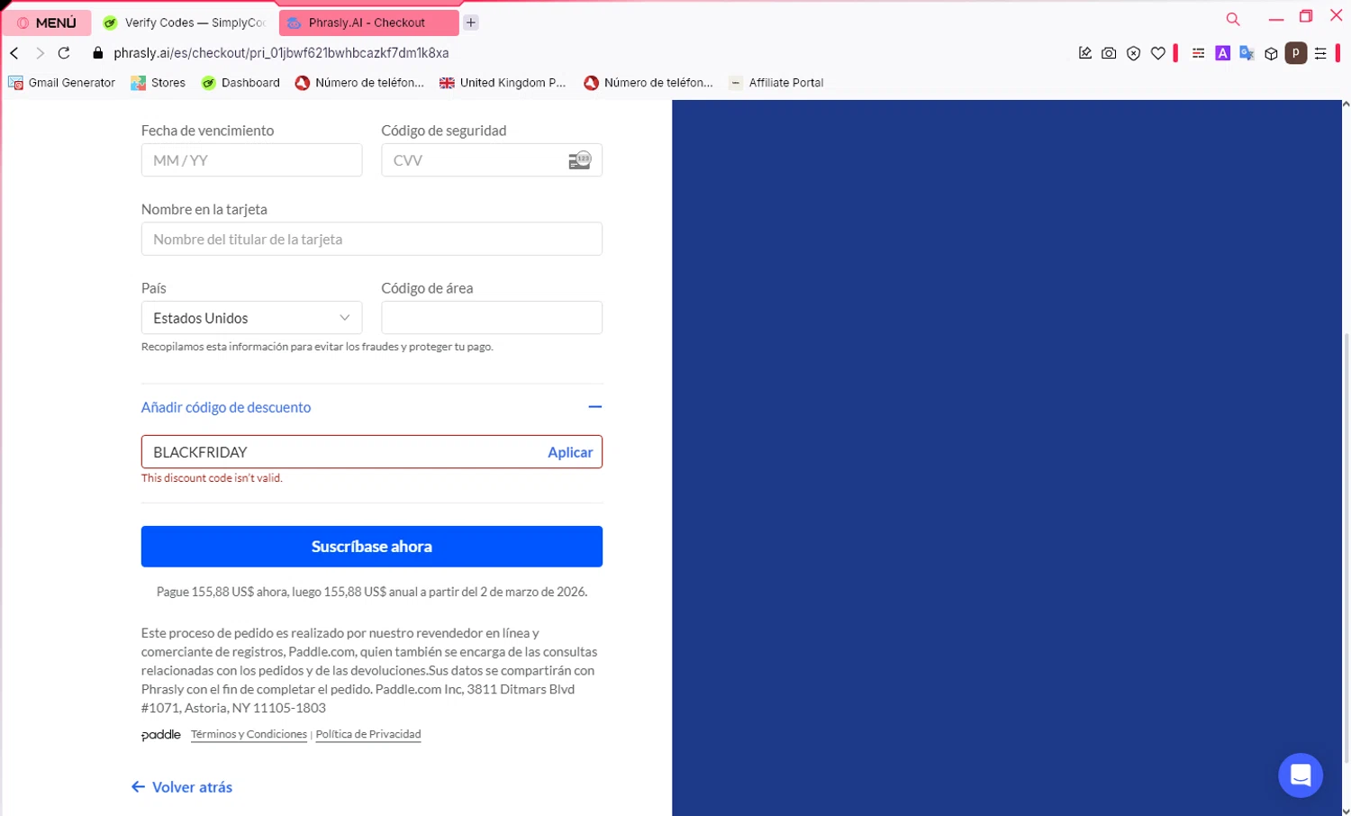 Phrasly.AI promo code screenshot showing code BLACKFRIDAY applied at Phrasly.AI checkout page. Uploaded by SimplyCodes community member NobleShopper9818 on Mar 2, 2025