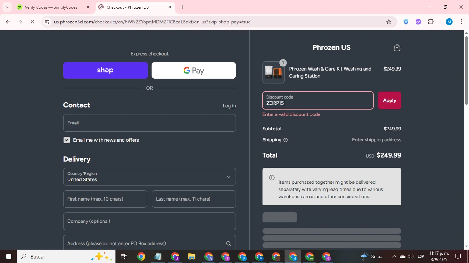 Phrozen Technology promo code screenshot showing code ZORP15 applied at Phrozen Technology checkout page. Uploaded by SimplyCodes community member LegendaryCurator1585 on Sep 4, 2025
