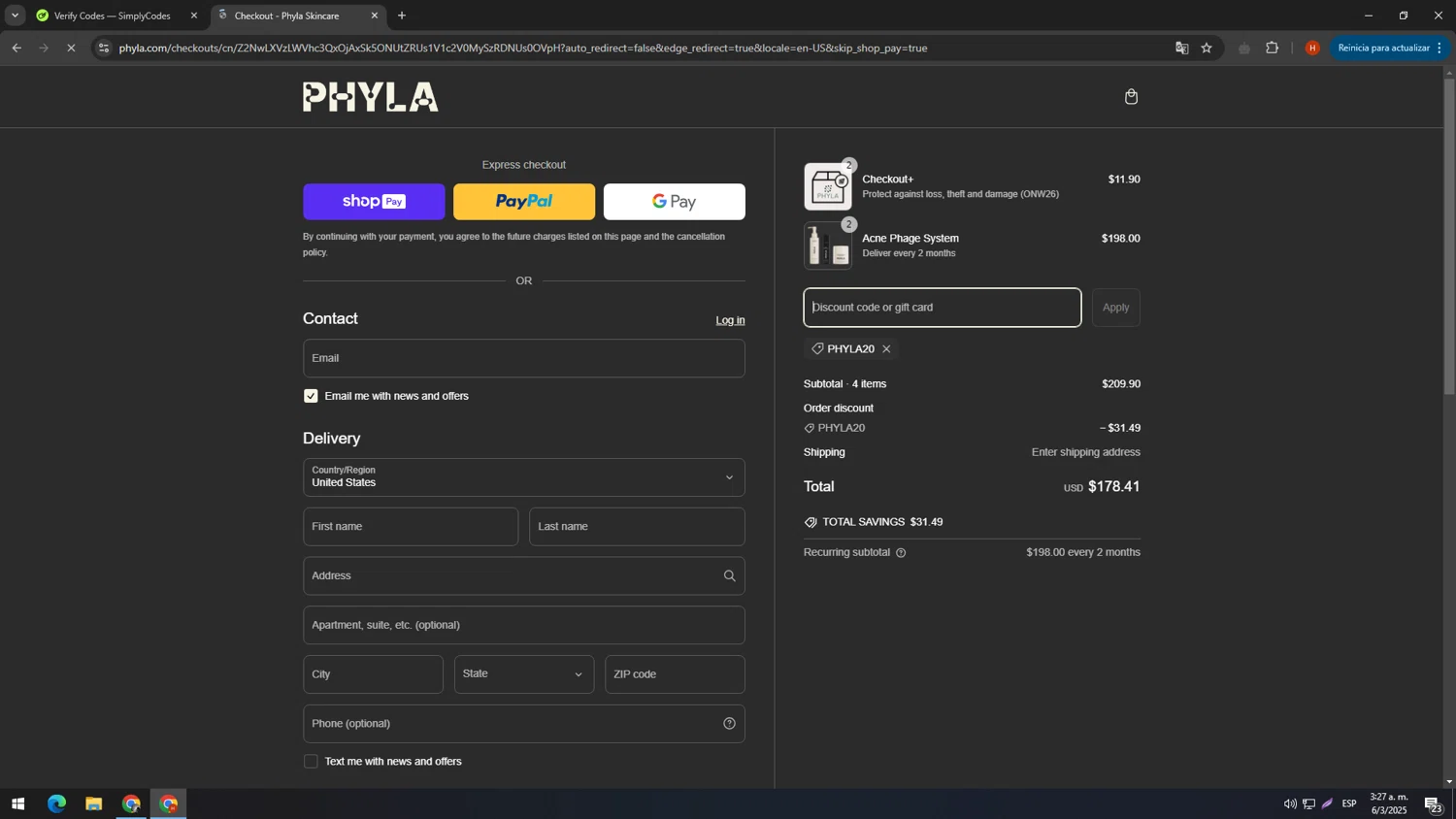 Phyla Skincare promo code screenshot showing code PHYLA20 applied at Phyla Skincare checkout page. Uploaded by SimplyCodes community member usename on Mar 6, 2025