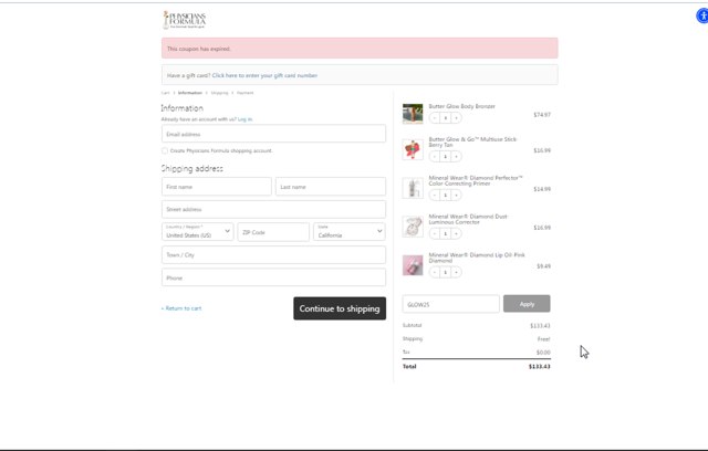 Physicians Formula checkout page showing Physicians Formula promo code box | Screenshot taken by SimplyCodes community member on Aug 2, 2025