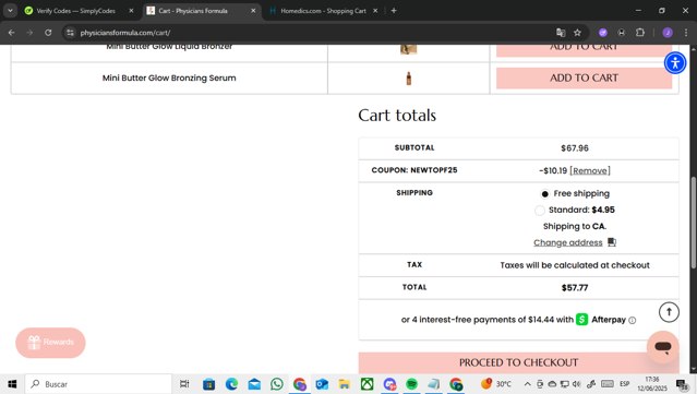 Physicians Formula checkout page showing Physicians Formula promo code box | Screenshot taken by SimplyCodes community member on Jun 12, 2025