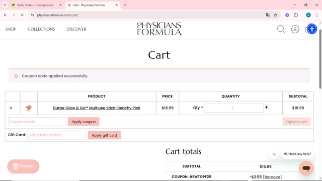 Physicians Formula checkout page showing Physicians Formula promo code box | Screenshot taken by SimplyCodes community member on May 30, 2025
