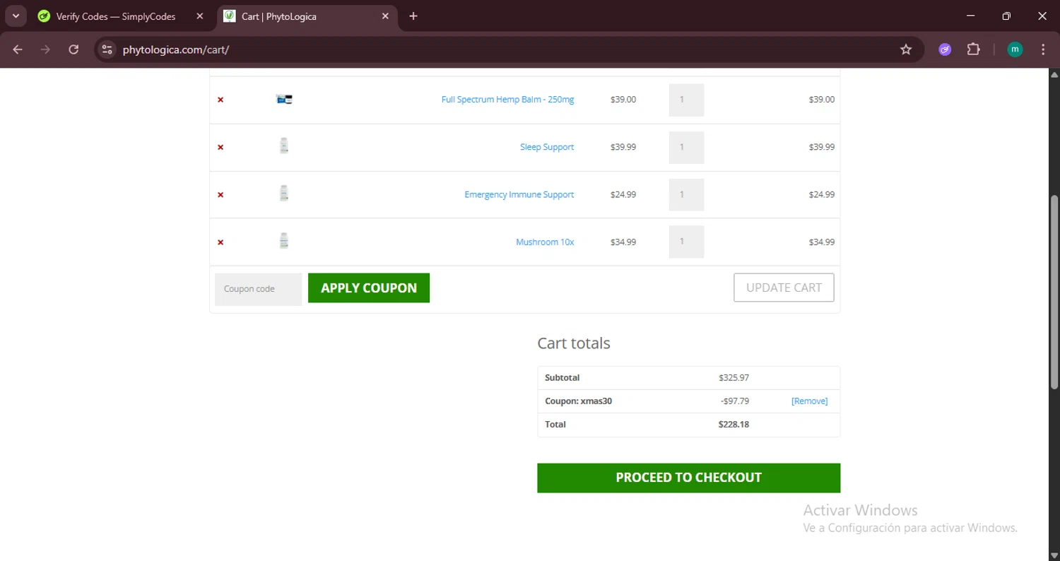 PhytoLogica promo code screenshot showing code XMAS30 applied at PhytoLogica checkout page. Uploaded by SimplyCodes community member CrownSpotter4262 on Jun 28, 2025