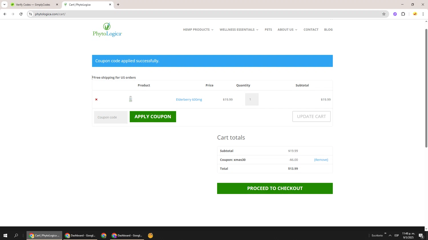 PhytoLogica promo code screenshot showing code XMAS30 applied at PhytoLogica checkout page. Uploaded by SimplyCodes community member Richard251 on May 10, 2025