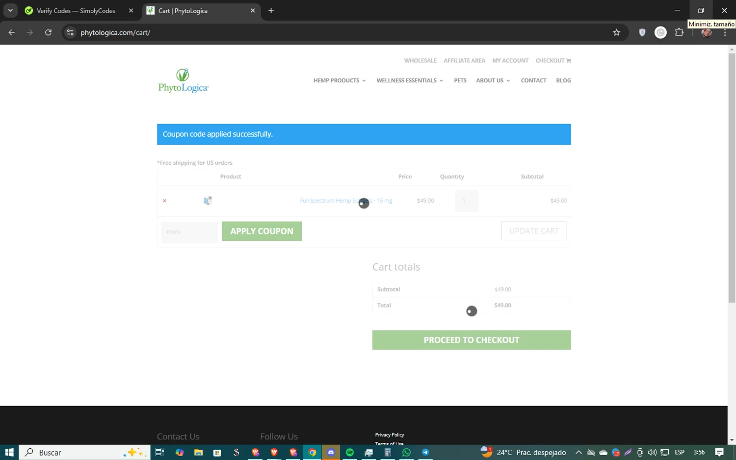 PhytoLogica promo code screenshot showing code mom applied at PhytoLogica checkout page. Uploaded by SimplyCodes community member 61451681 on Mar 1, 2025