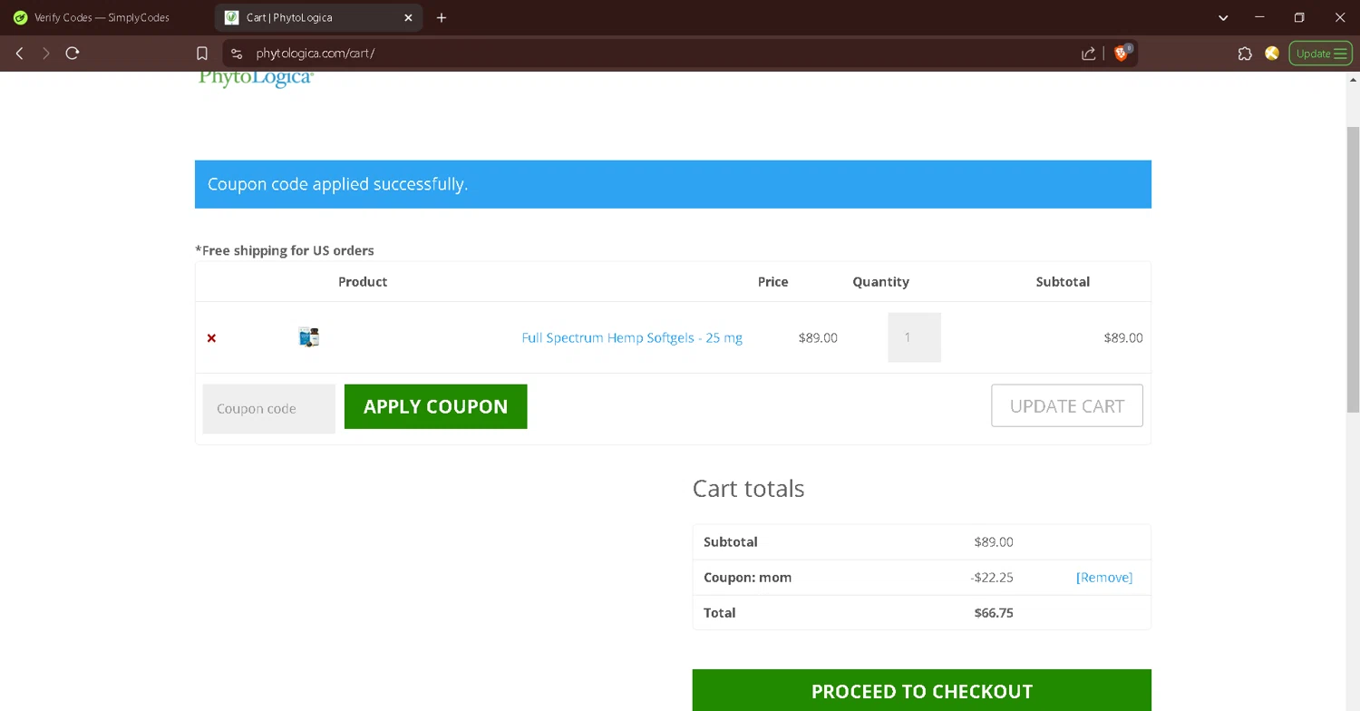 PhytoLogica promo code screenshot showing code mom applied at PhytoLogica checkout page. Uploaded by SimplyCodes community member BrilliantChaser4706 on Mar 1, 2025