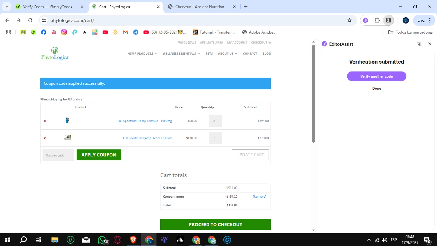 PhytoLogica promo code screenshot showing code mom applied at PhytoLogica checkout page. Uploaded by SimplyCodes community member SunJinWoo on Sep 17, 2025