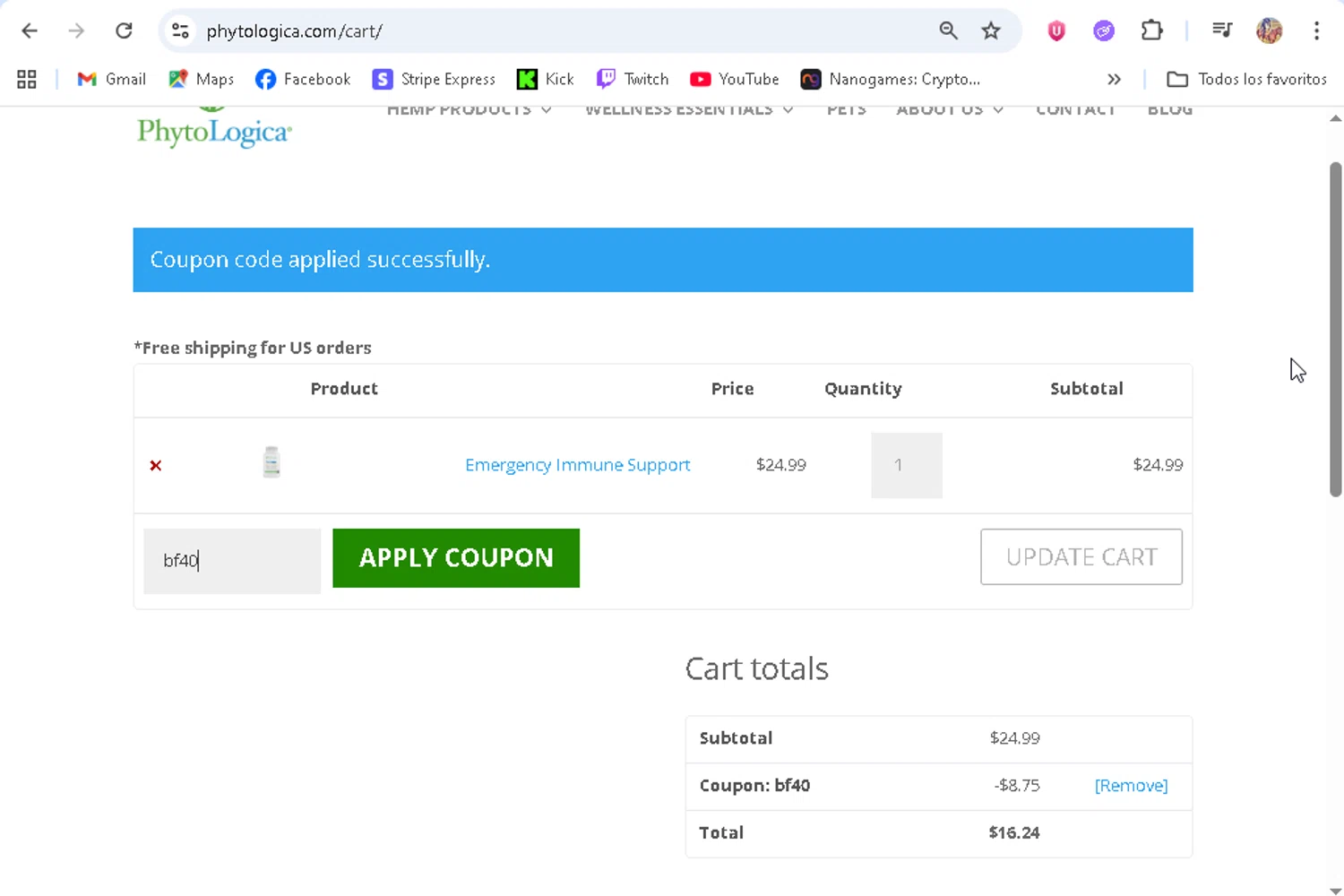 PhytoLogica promo code screenshot showing code bf40 applied at PhytoLogica checkout page. Uploaded by SimplyCodes community member ronaldhernandez on Dec 16, 2025