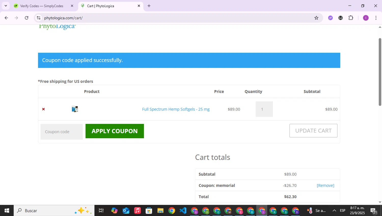 PhytoLogica promo code screenshot showing code memorial applied at PhytoLogica checkout page. Uploaded by SimplyCodes community member RebateAce6764 on Sep 23, 2025