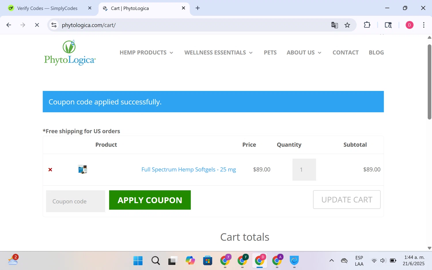 PhytoLogica promo code screenshot showing code easter applied at PhytoLogica checkout page. Uploaded by SimplyCodes community member LuckyHero4650 on Jun 21, 2025