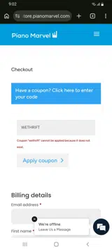 Piano Marvel coupon verification screenshot