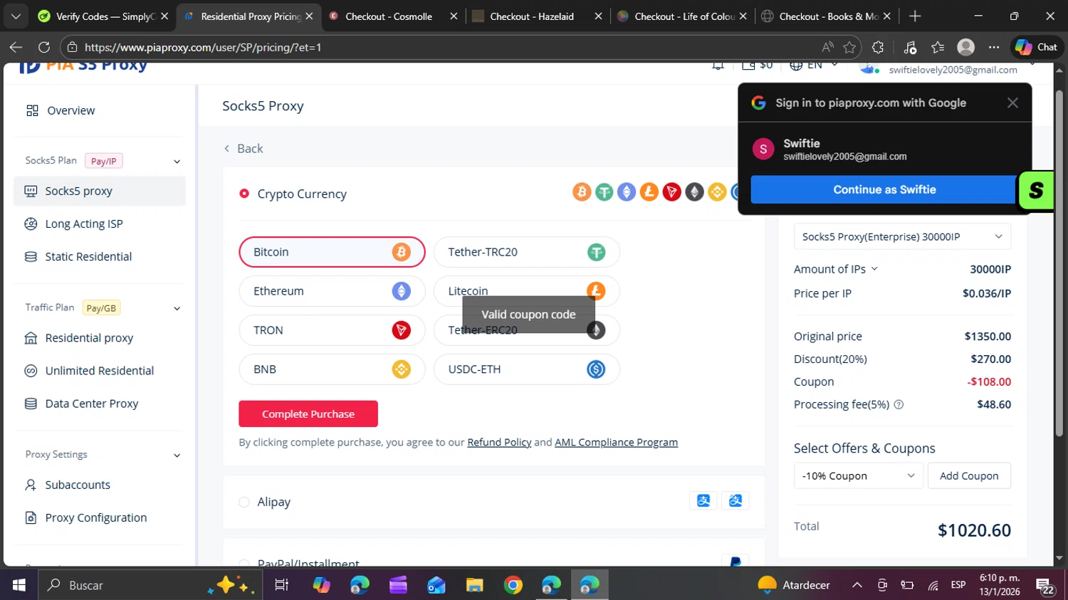PIA S5 Proxy checkout page showing PIA S5 Proxy promo code box | Screenshot taken by SimplyCodes community member on Jan 13, 2026
