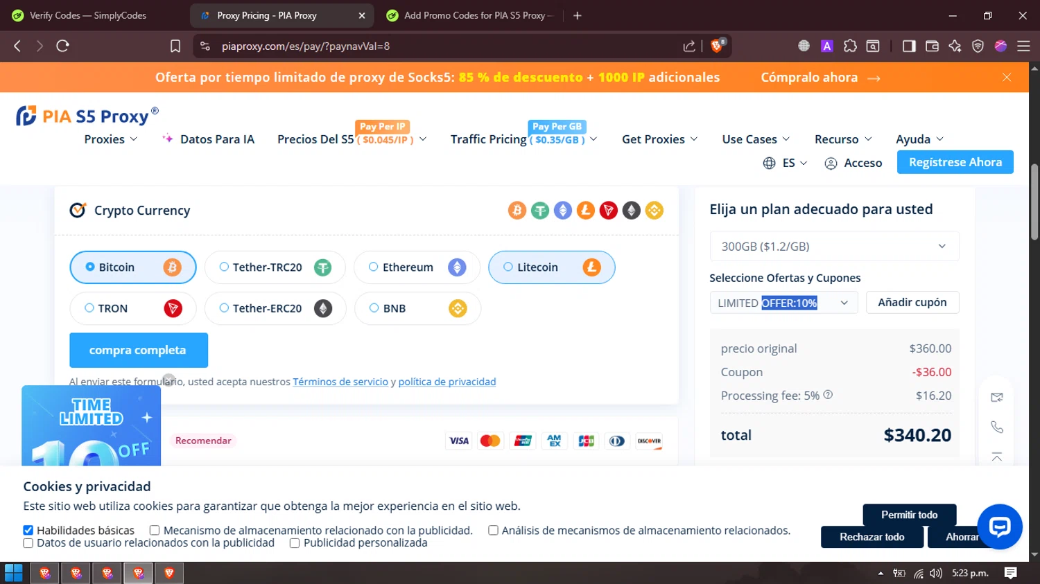 PIA S5 Proxy promo code screenshot showing code OFFER:10% applied at PIA S5 Proxy checkout page. Uploaded by SimplyCodes community member FrugalMaverick6013 on Aug 27, 2025