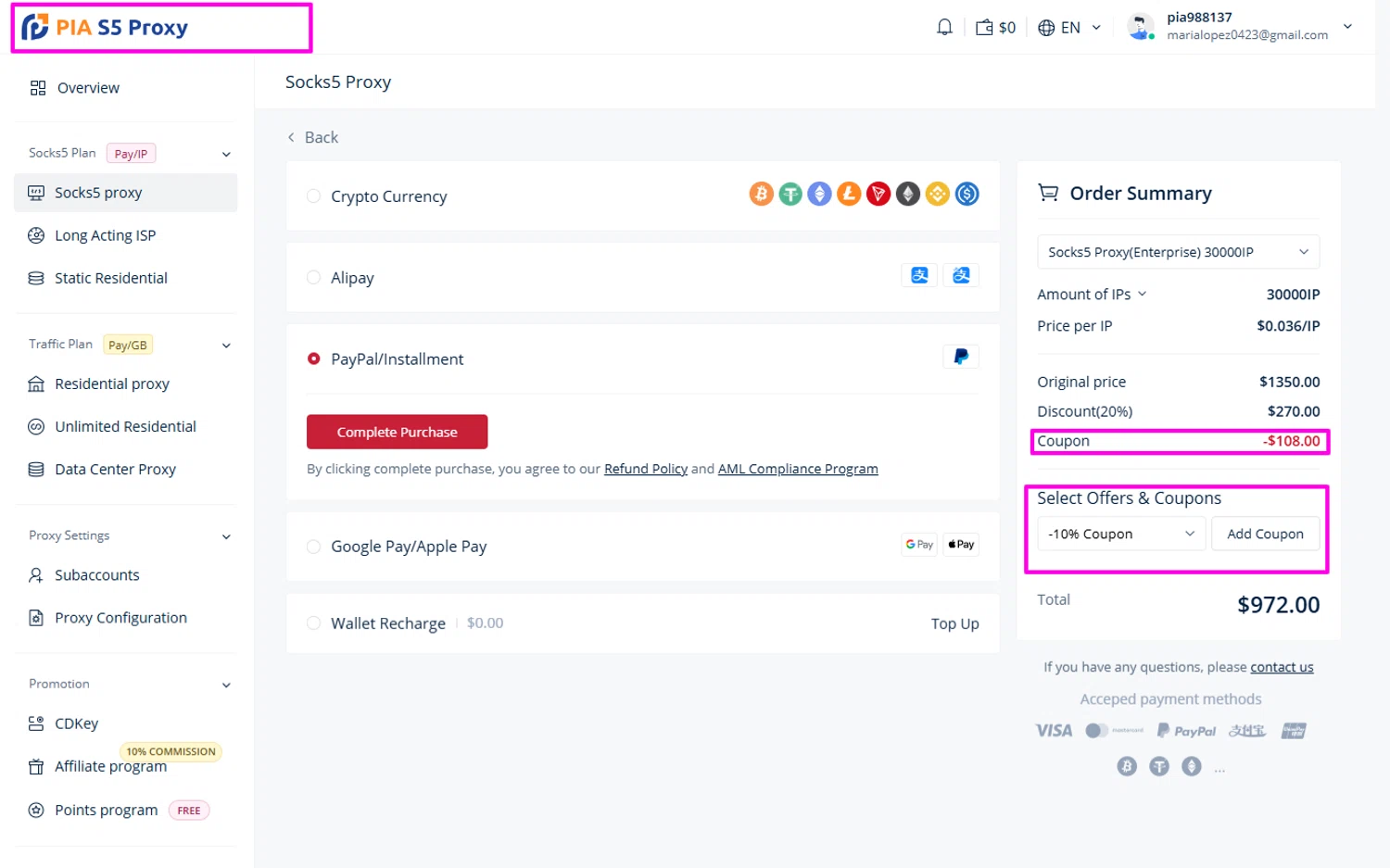 PIA S5 Proxy promo code screenshot showing code PIA02 applied at PIA S5 Proxy checkout page. Uploaded by SimplyCodes community member mrdarcy on Dec 22, 2025