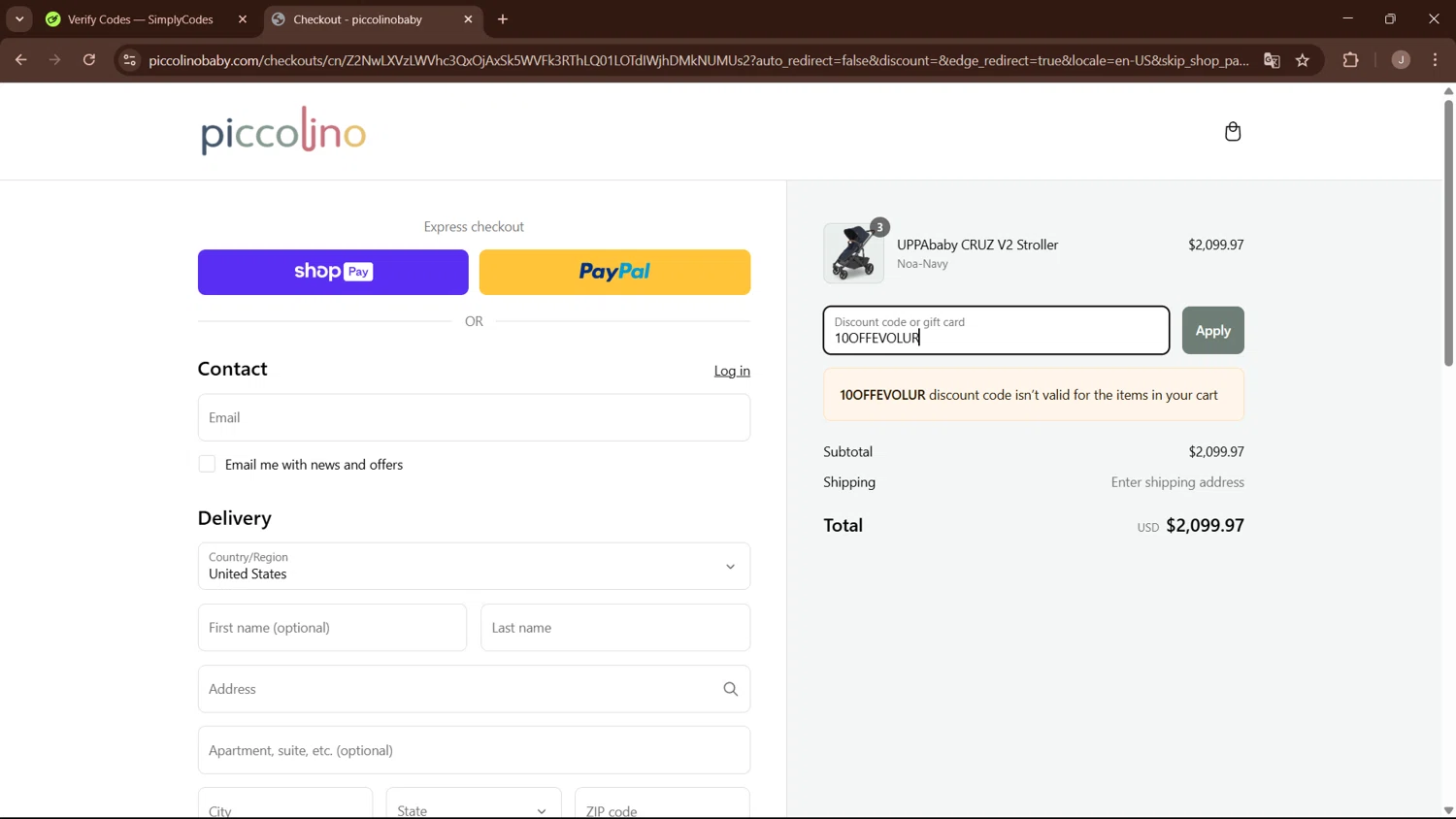 PiccolinoBaby discount code screenshot showing code 10OFFEVOLUR applied at PiccolinoBaby checkout page. Uploaded by SimplyCodes community member WisePro3955 on Mar 8, 2025