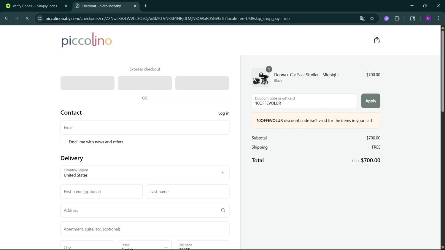 PiccolinoBaby discount code screenshot showing code 10OFFEVOLUR applied at PiccolinoBaby checkout page. Uploaded by SimplyCodes community member RoyalSleuth2430 on May 18, 2025